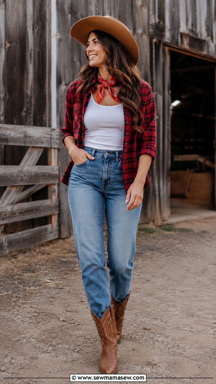 Plaid shirt with jeans and cowboy boots outfit - 20 Western outfit ideas Miranda Lambert style