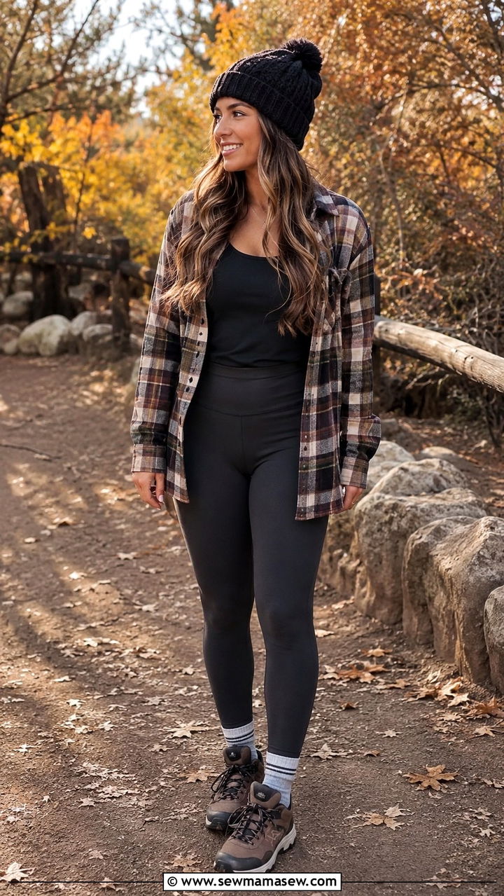 Plaid shirt with leggings outfit - 30 theme park outfit ideas