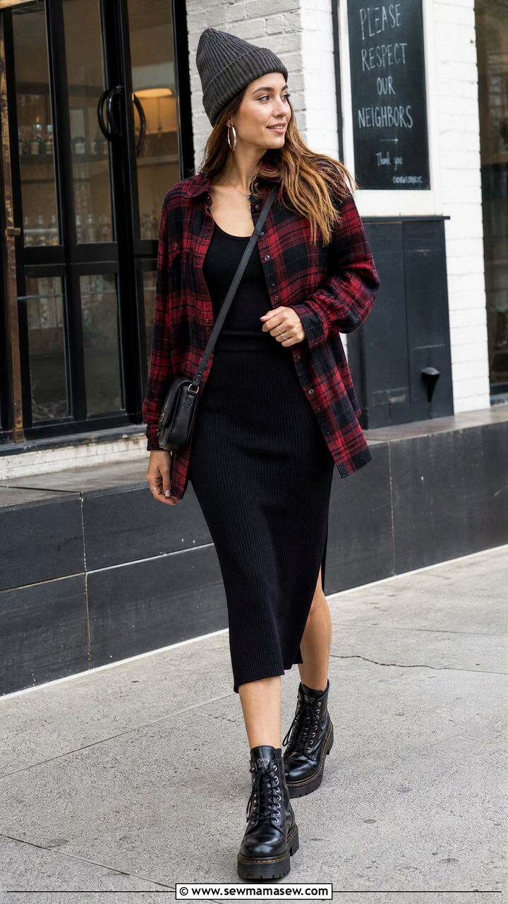 Plaid shirt with midi skirt - 25 How to style a midi skirt over 40