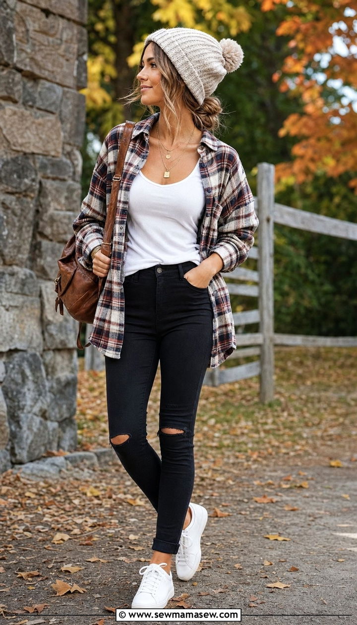 Plaid shirt with skinny jeans and white sneakers - 25 Skinny jeans outfit ideas with white sneakers
