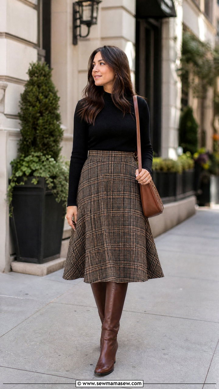 Plaid skirt with a fitted sweater and riding boots - 25 Spring outfits with riding boots
