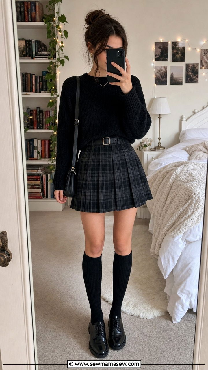 Plaid skirt with knee high socks and oxfords - 25 dark academia outfits inspo