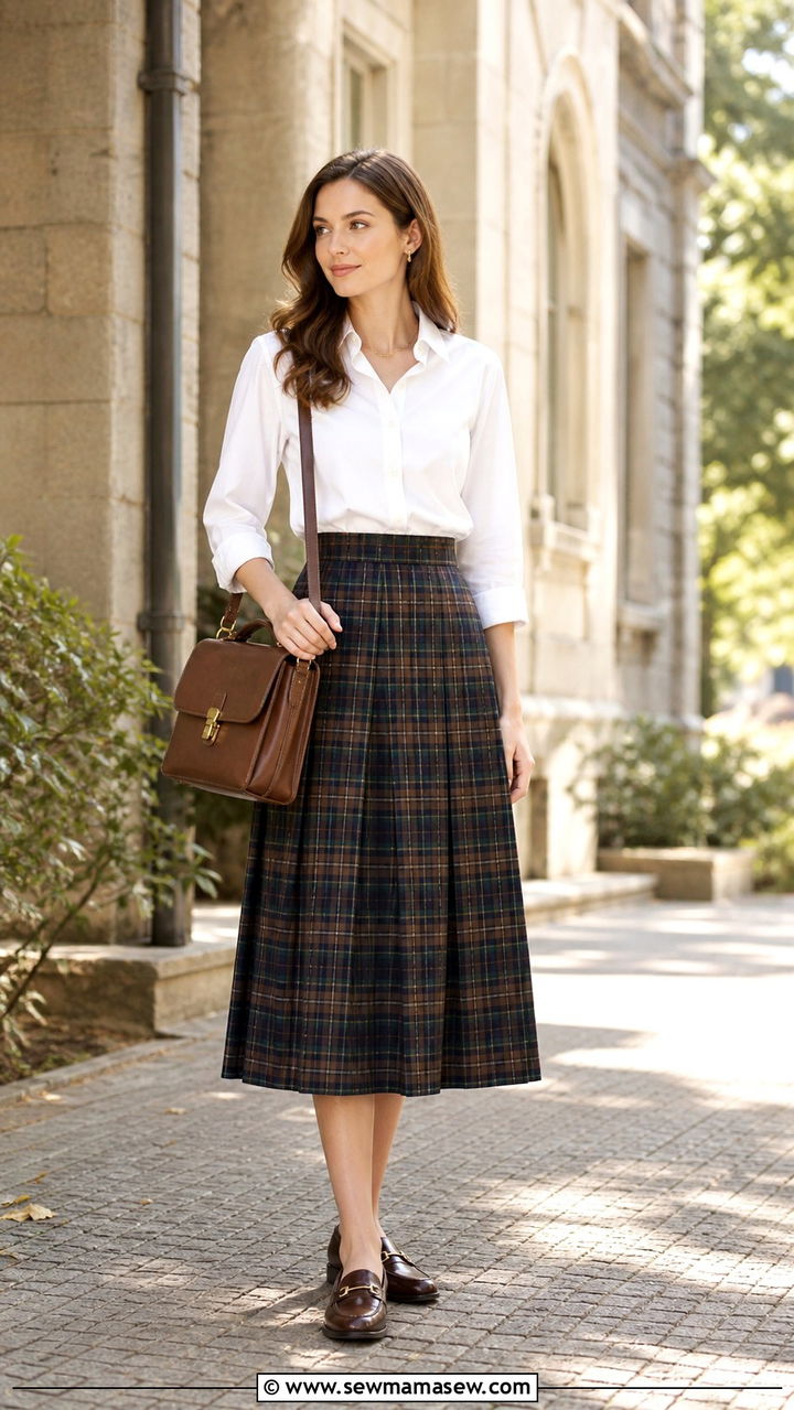 Plaid skirt with tucked blouse and loafers - 40 classy teacher outfits