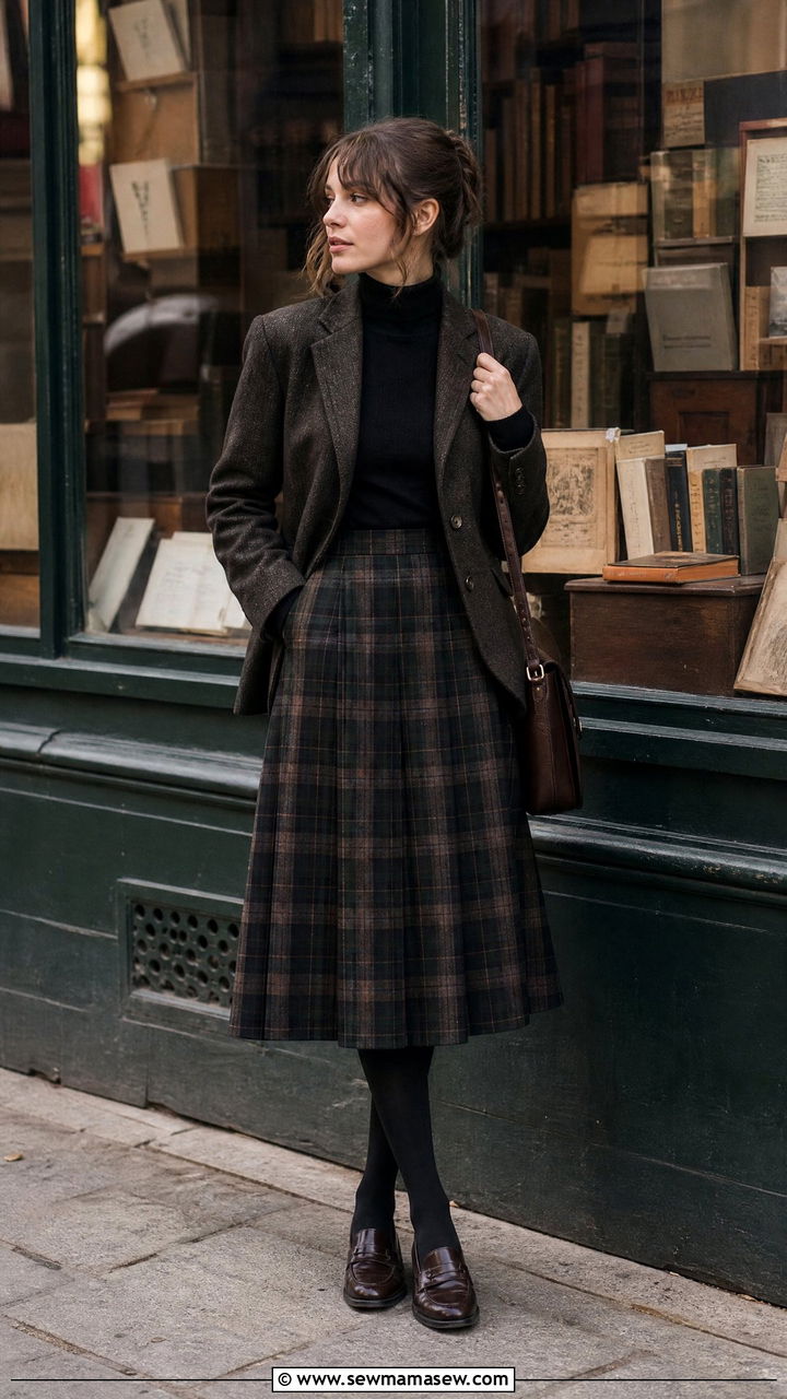 Plaid skirt with turtleneck and wool blazer outfit - 25 classy dark academia outfit ideas