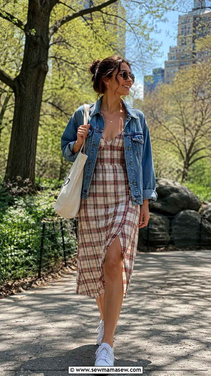 Plaid slip dress with a denim jacket - 30 Spring plaid outfits