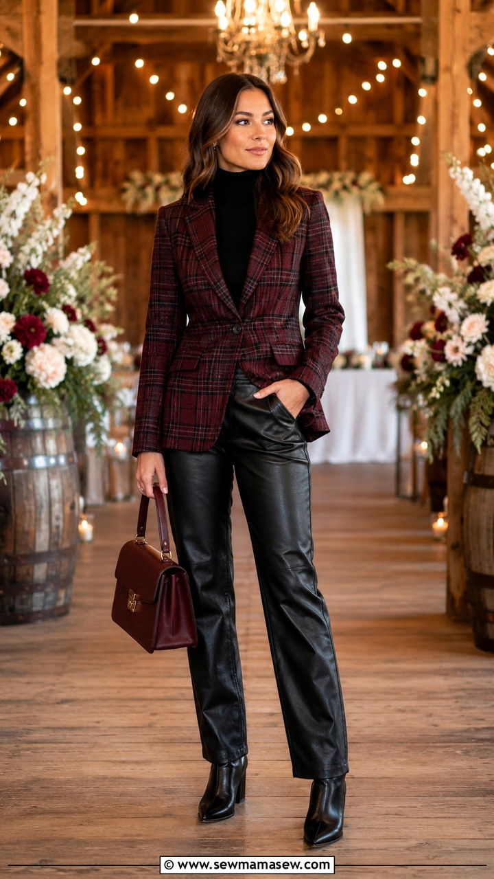 Plaid tailored blazer with leather trousers and turtleneck - 20 Tailored blazer outfit ideas for a wedding
