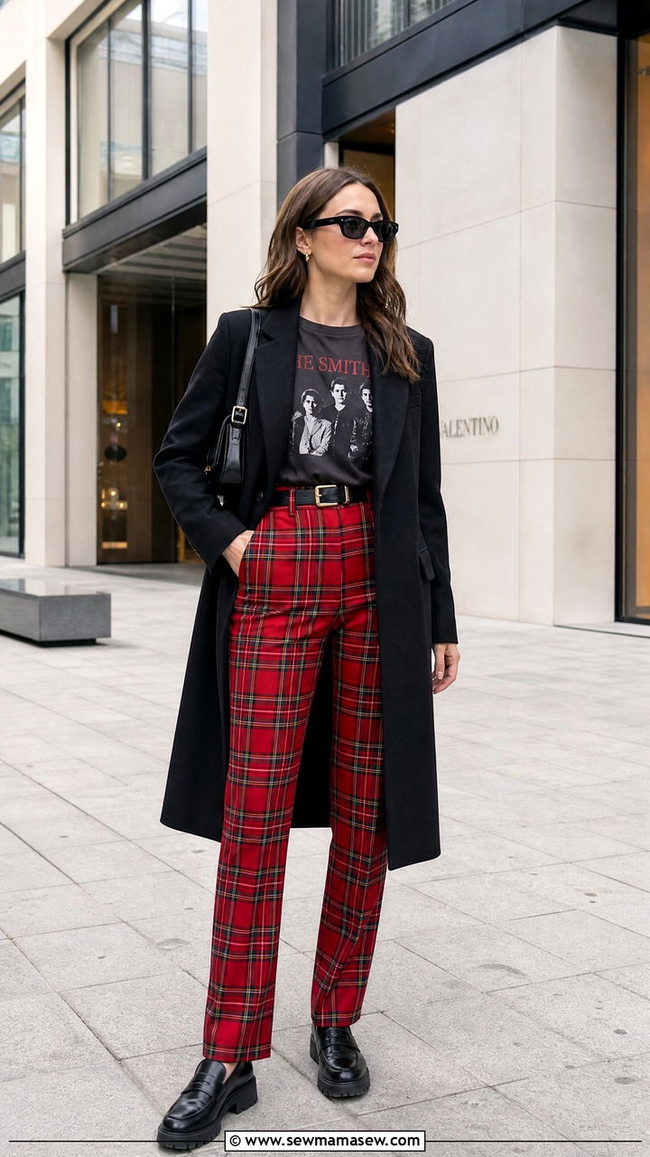Plaid trousers and band tee outfit - 25 grunge outfits 2026