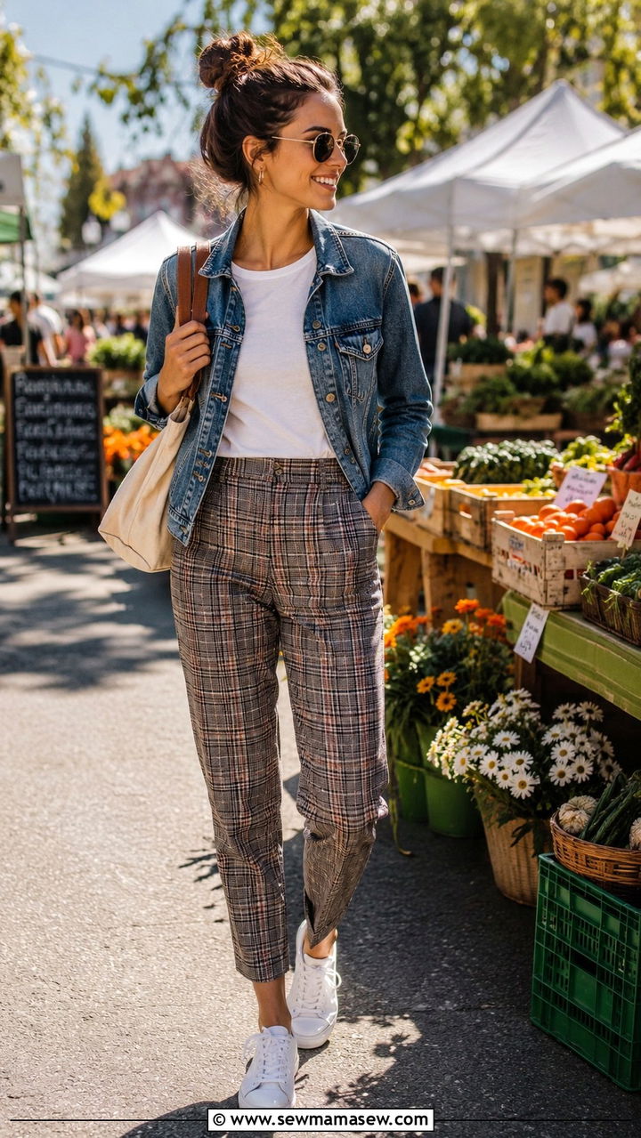 Plaid trousers with a denim jacket and white tee - 30 Spring plaid outfits