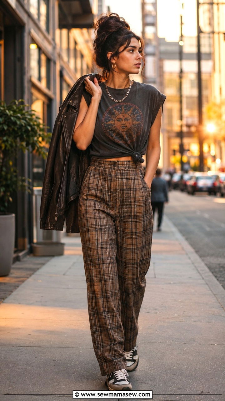 Plaid trousers with a graphic muscle tee - 30 Indie girl outfit ideas