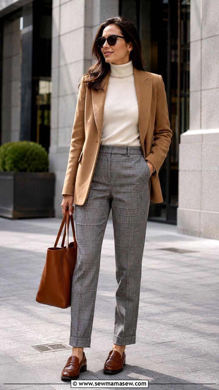 Plaid trousers with a solid blazer and turtleneck - 30 Grandma chic outfit ideas