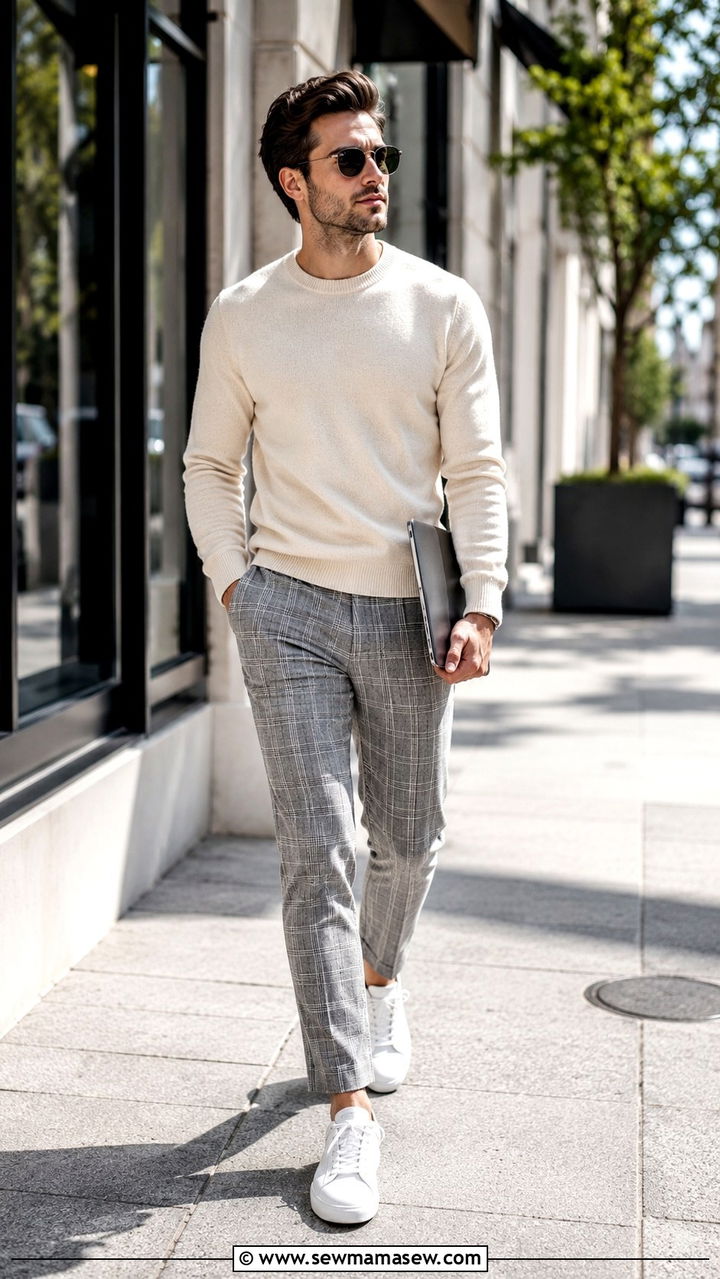 Plaid trousers with a solid crewneck sweater - 20 Startup founder outfit ideas