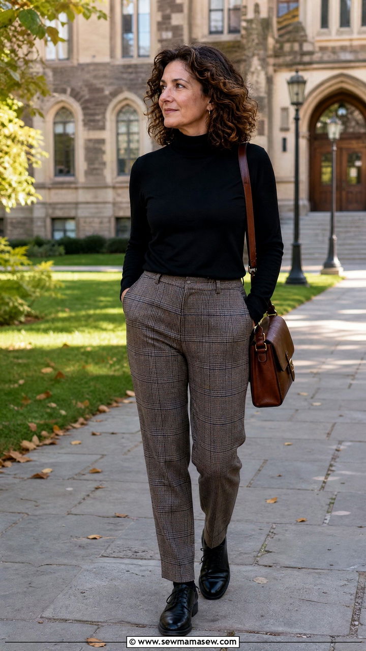 Plaid trousers with a solid turtleneck and oxford shoes - 35 Midsize outfits for women over 40