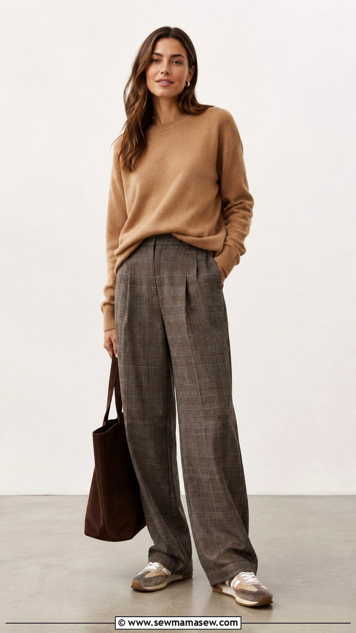 Plaid trousers with cashmere sweater and sneakers - 30 transitional sneaker outfit ideas