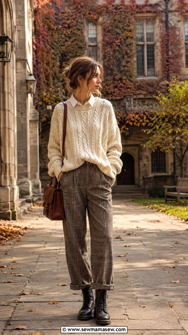 Plaid trousers with chunky knit sweater and combat boots - 30 Chaotic academia outfit ideas