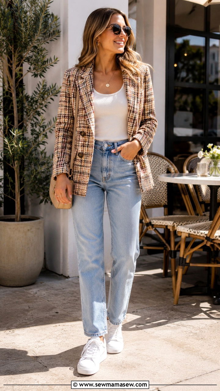 Plaid tweed blazer with light wash jeans - 25 Tweed blazer outfit ideas with jeans