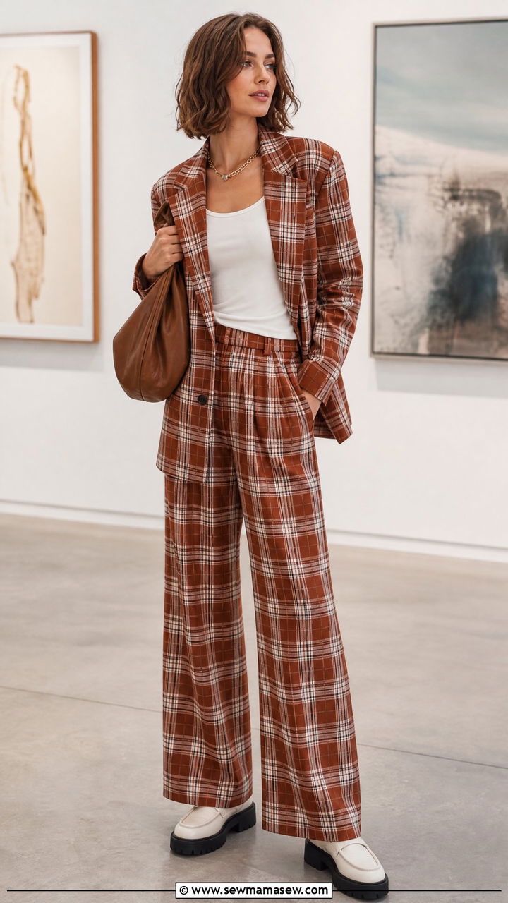 Plaid two piece set with platform shoes - 25 French girl outfit ideas Emily in Paris style