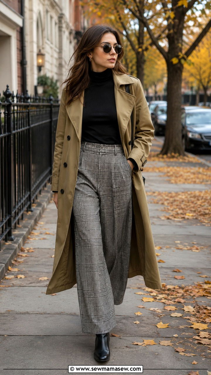 Plaid wide leg pants with a classic trench coat - 25 Wide leg pants outfit ideas with a trench coat