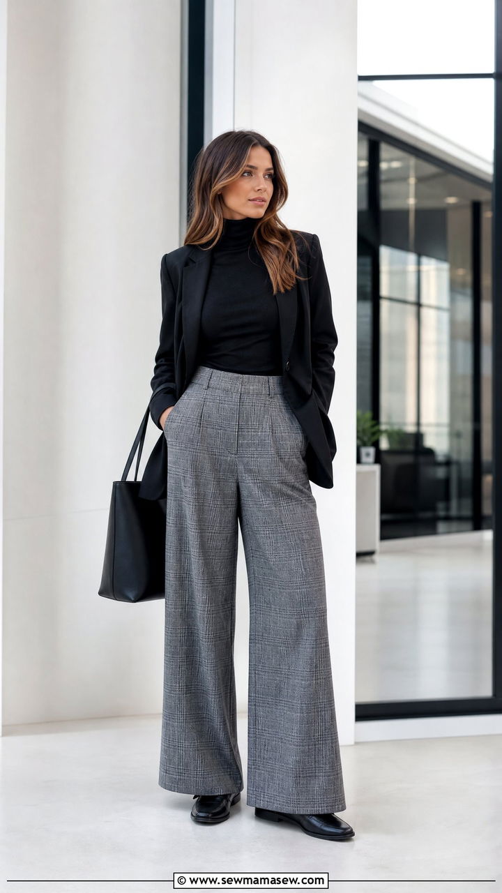 Plaid wide leg pants work look - 25 Business casual outfits with wide leg pants