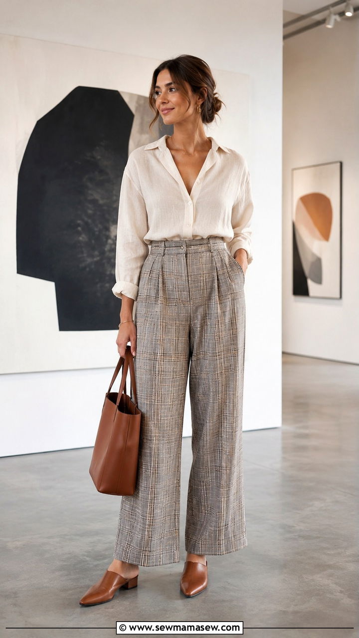 Plaid wide leg trousers with a linen blouse - 30 Spring plaid outfits