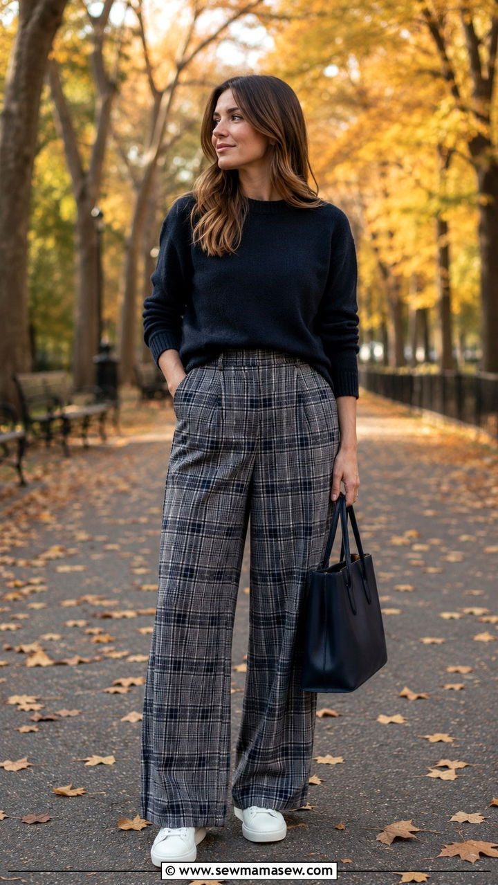 Plaid wide leg trousers with white sneakers outfit - 25 Wide leg pants outfit ideas with sneakers