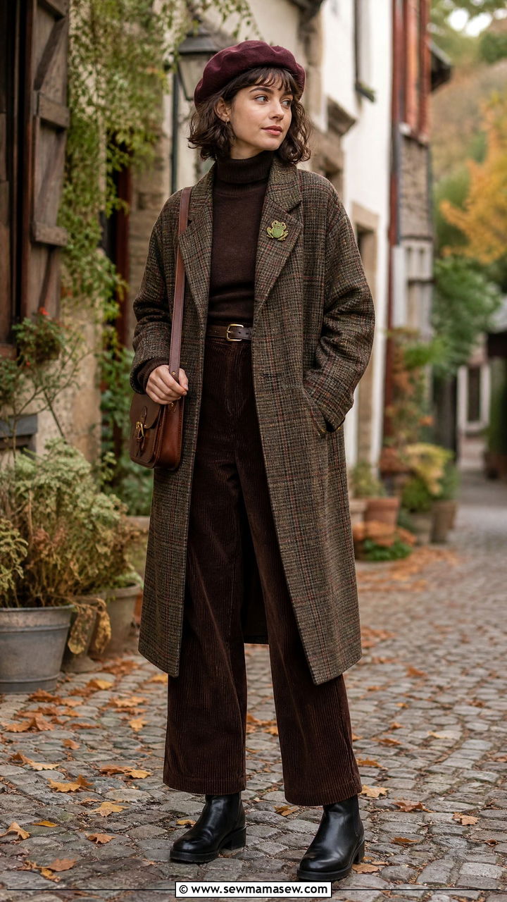 Plaid wool coat and turtleneck with wide leg cords and Chelsea boots - 30 Goblincore outfit ideas