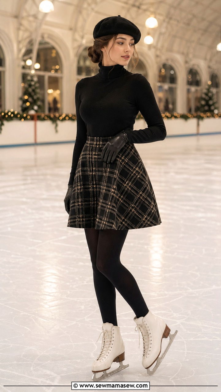 Plaid wool skirt black turtleneck and beret skating outfit - 40 Ice skating outfit ideas