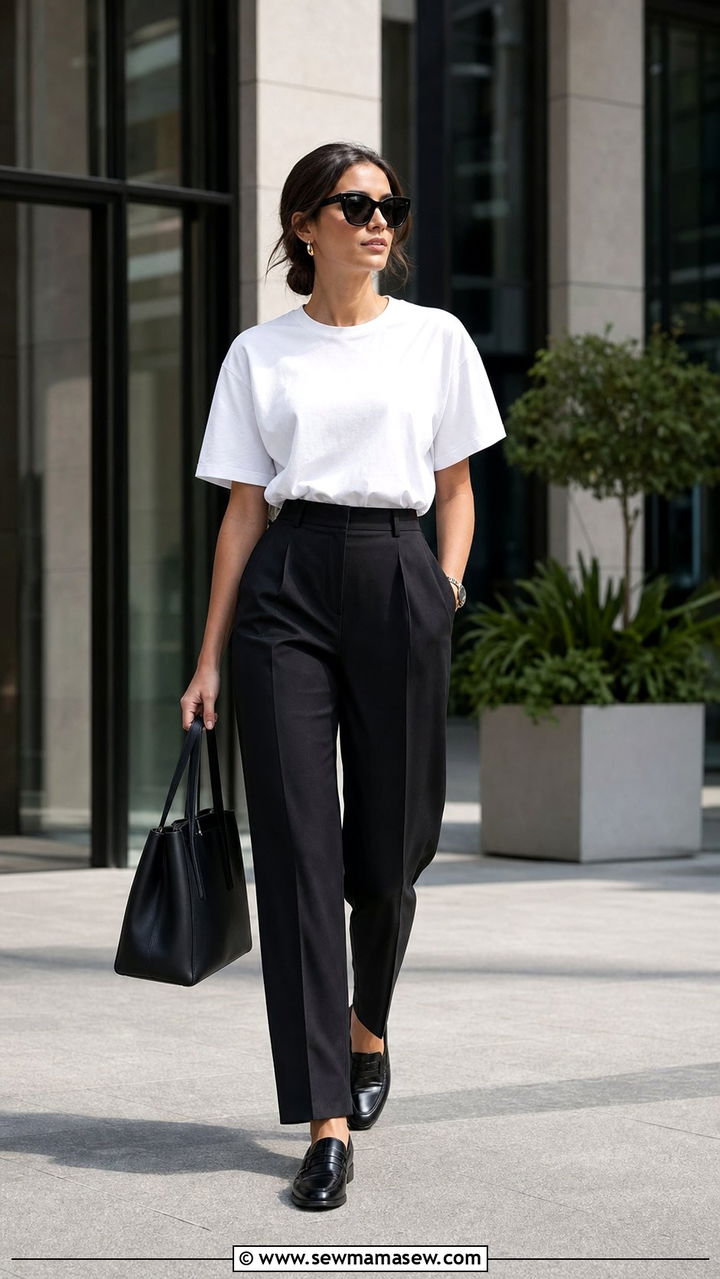 Plain White Tee And Tailored Trousers With Oversized Sunglasses - 25 summer outfits with oversize sunglasses