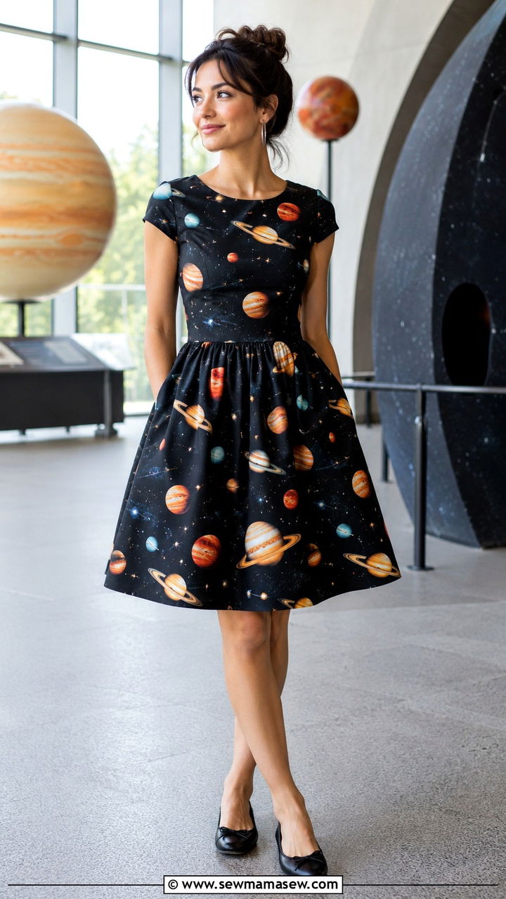 Planet Print Fit and Flare Dress Outfit - 30 celestial outfits inspo