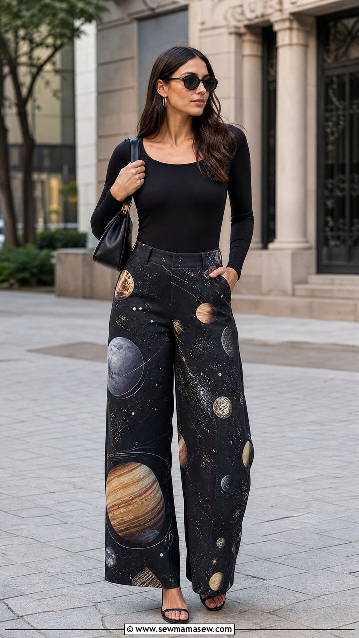 Planet Print Wide Leg Pants with a Fitted Bodysuit - 25 casual celestial outfits