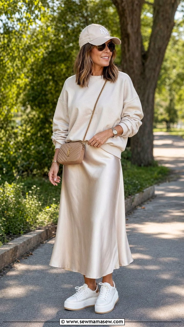 Platform Sneakers with Midi Skirt and Relaxed Sweatshirt - 30 Y2K outfits for women over 40