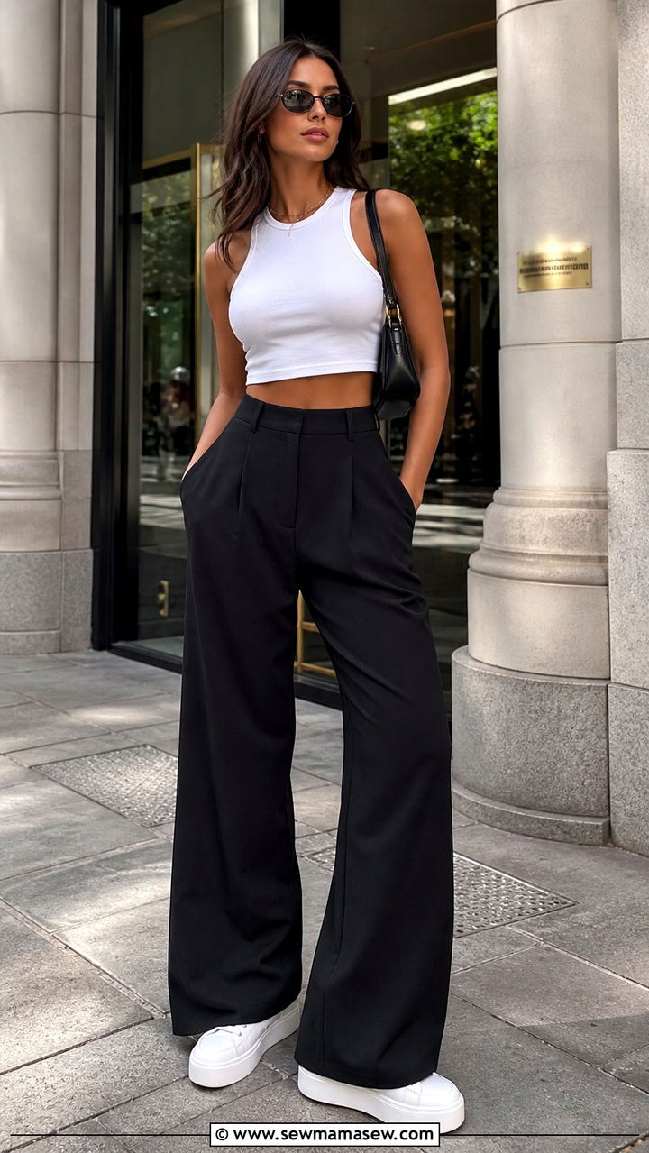 Platform Sneakers with Wide Leg Trousers and Crop Top - 40 casual sneaker outfits