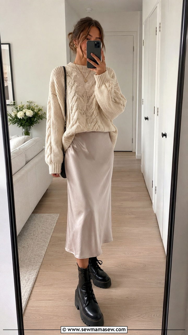 Platform lace up boots with slip skirt and chunky sweater - 30 transitional boots outfit ideas