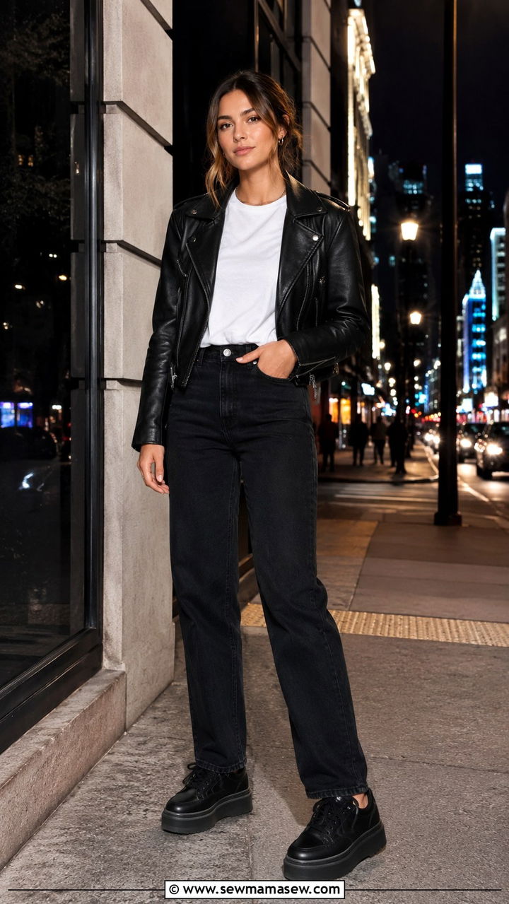 Platform sneakers with a leather jacket - 30 How to style platform sneakers