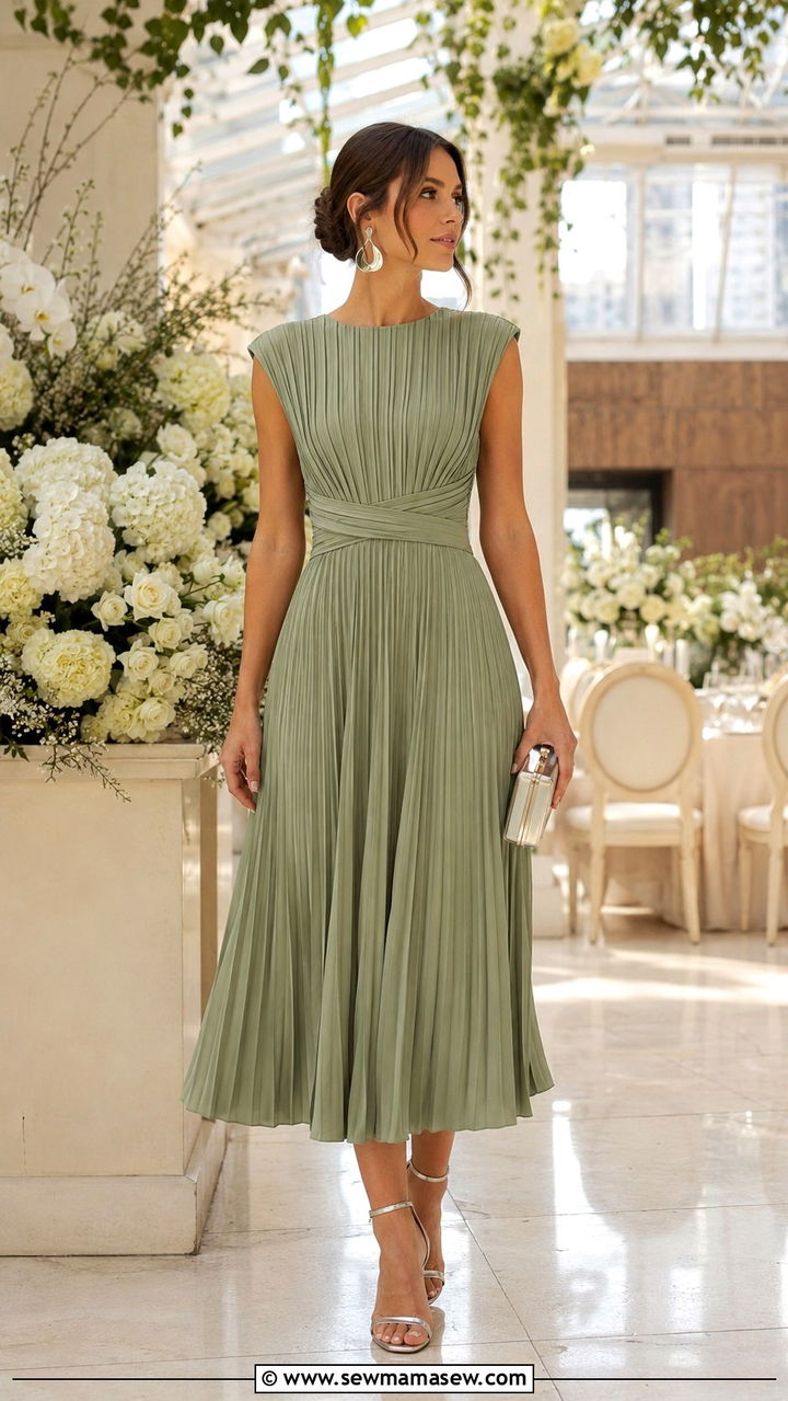 Pleated A Line Midi Dress with Metallic Sandals - 25 Wedding guest outfit ideas A line dress