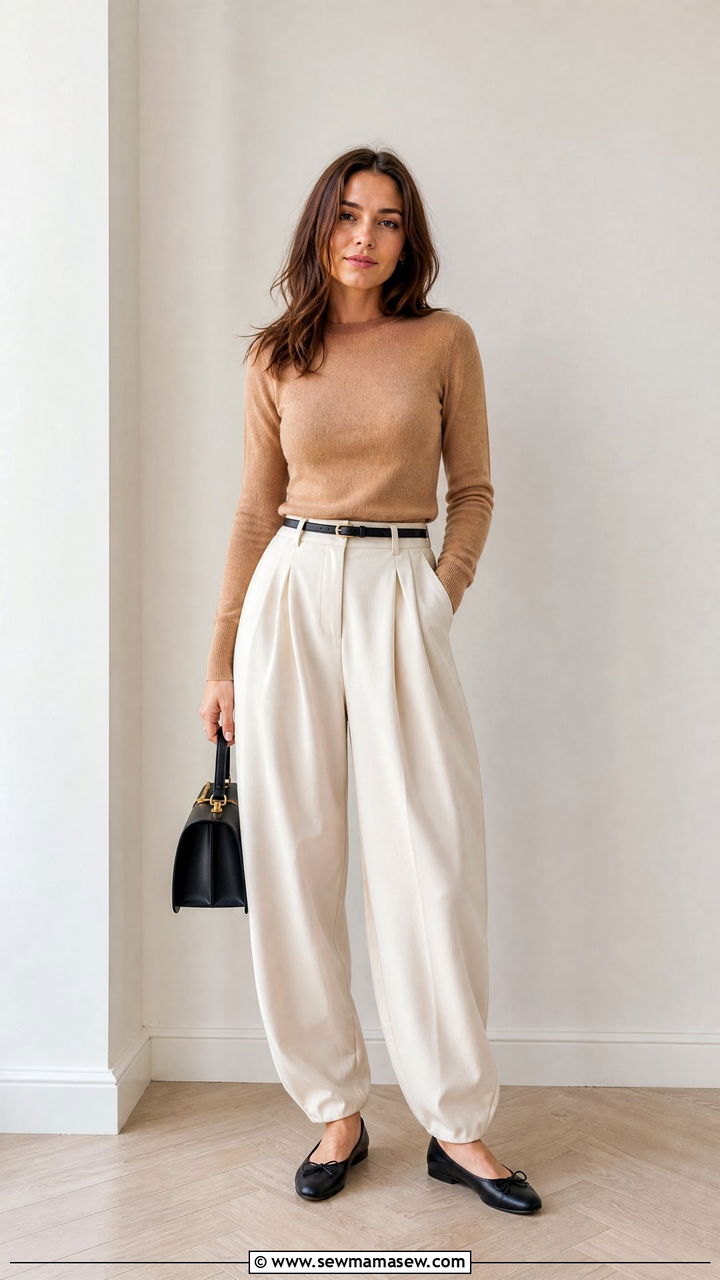 Pleated Balloon Pants With Fitted Knit And Ballet Flats - 30 cute balloon pants outfits