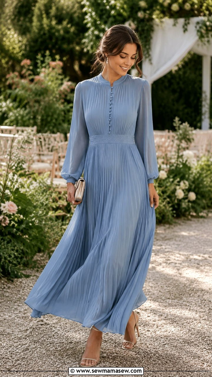 Pleated Chiffon Maxi Dress Wedding Guest - 30 modest wedding guest outfit ideas