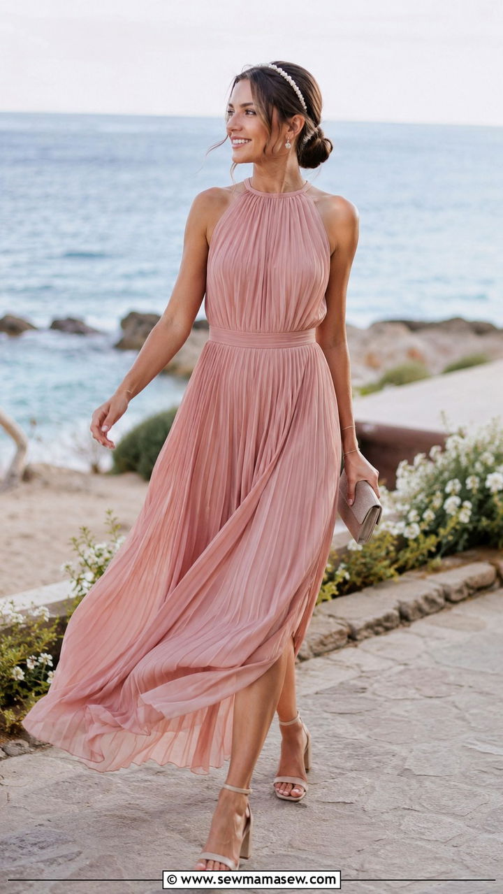 Pleated Chiffon Maxi Dress With Block Heels - 30 Old money wedding guest outfits