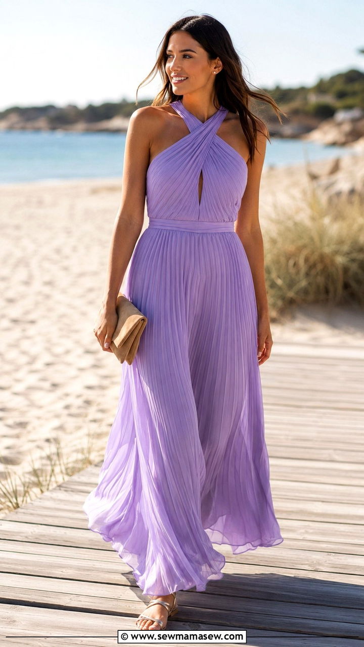 Pleated Chiffon Maxi Dress With Flat Sandals - 30 chic spring wedding guest outfits for women