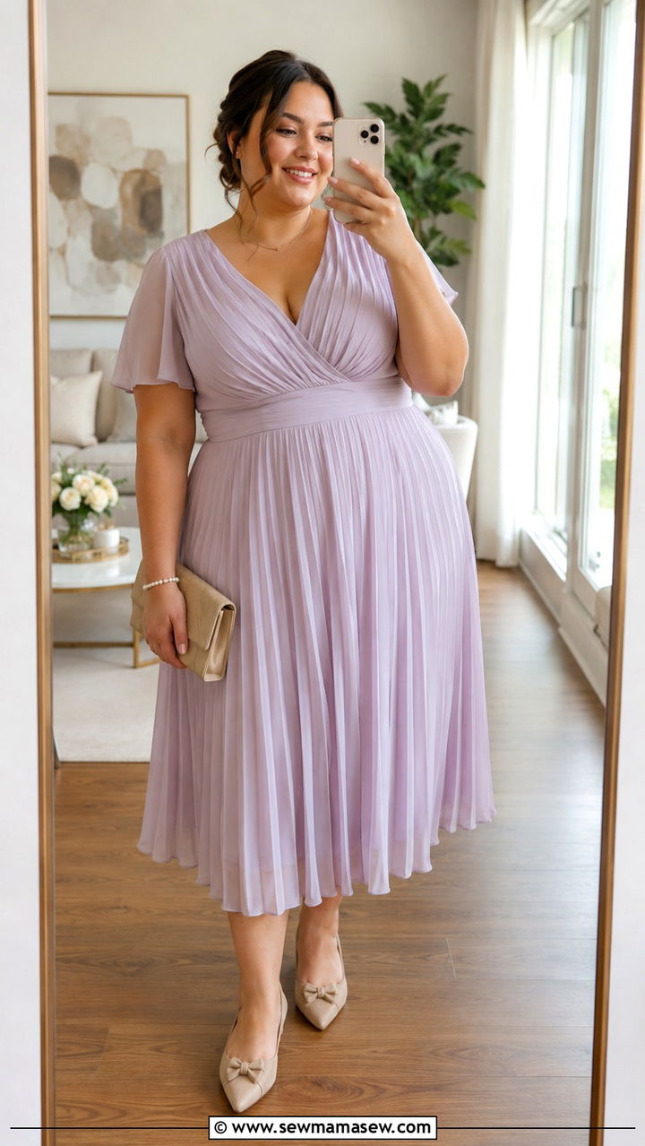 Pleated Chiffon Midi Dress With Bracelet - 25 Wedding guest outfit ideas for plus size mom