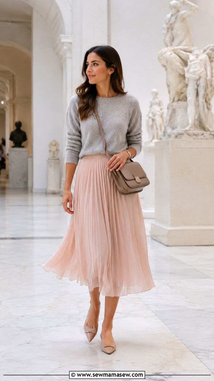 Pleated Chiffon Midi Skirt with Cashmere Sweater - 30 classy romantic outfits