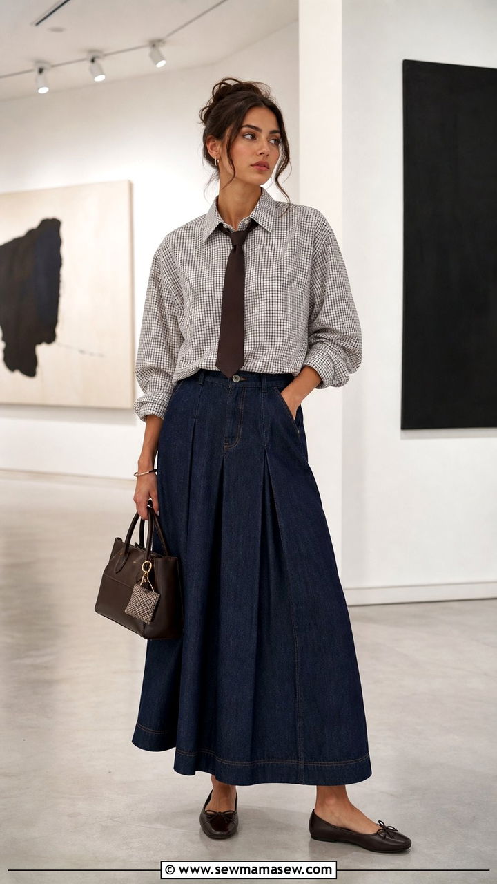 Pleated Denim Maxi Skirt with Checkered Shirt - 25 denim skirt outfits 2026
