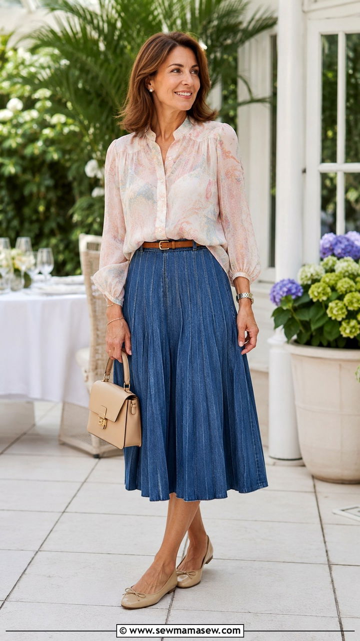 Pleated Denim Skirt With Blouse And Ballet Flats - 20 denim skirt outfits for women over 40