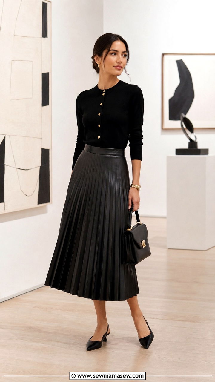 Pleated Leather Midi Skirt With Black Cardigan Sweater - 30 Pleated skirt outfit ideas with a sweater