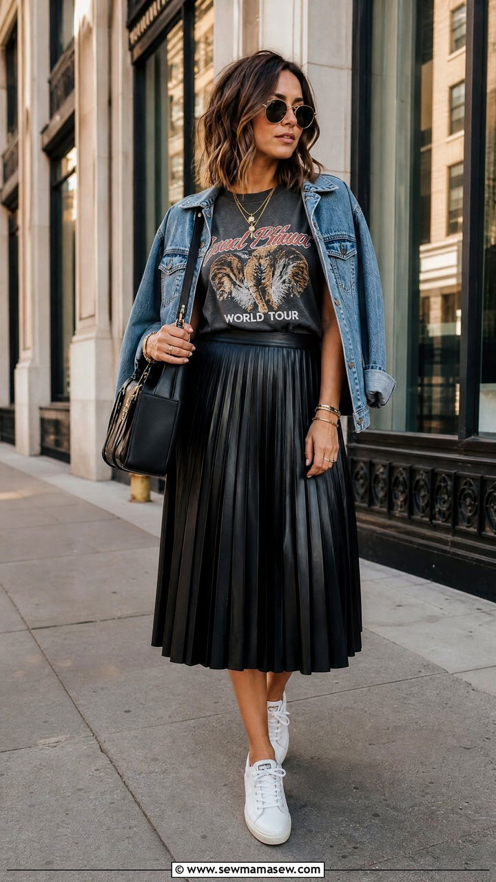 Pleated Leather Skirt With Graphic Tee Outfit - 25 How to style a leather skirt