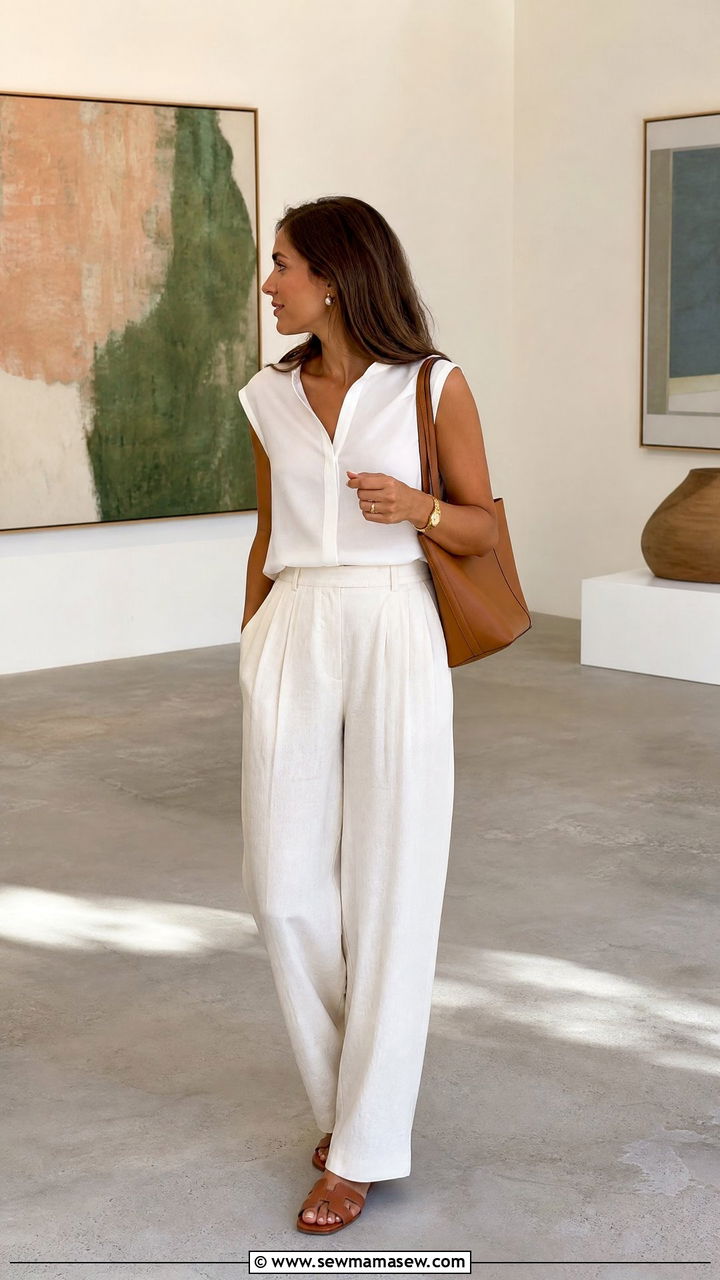Pleated Linen Trousers with Sleeveless Blouse and Woven Sandals - 30 Hamptons outfit ideas