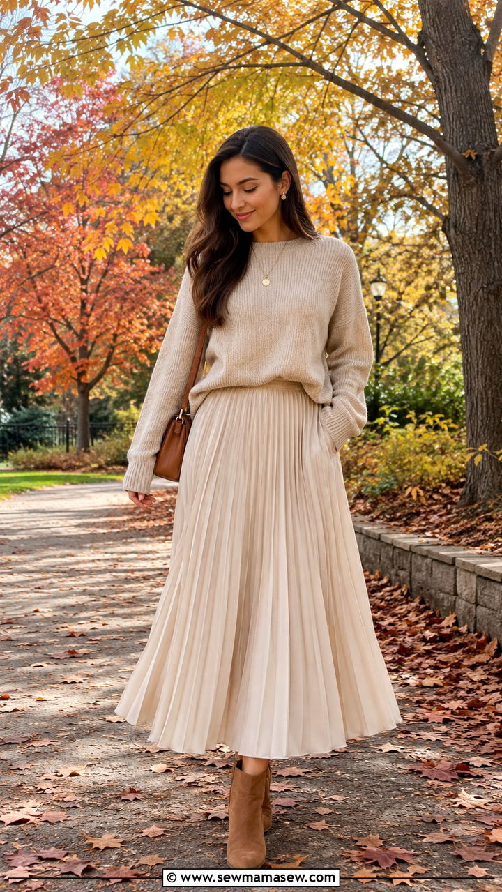 Pleated Long Skirt With Knit Sweater - 30 Modest outfit ideas with long skirt