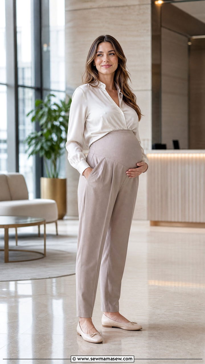 Pleated Maternity Trousers With A Silky Blouse For Meetings - 30 summer outfits for pregnant women