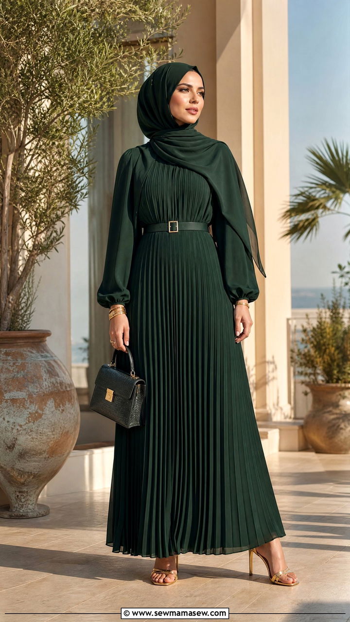 Pleated Maxi Dress With Belted Hijab - 30 Eid outfit ideas for hijabis