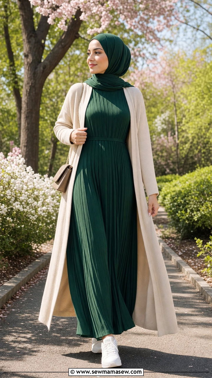 Pleated Maxi Dress With Duster Cardigan Outfit - 25 spring outfits for hijab women