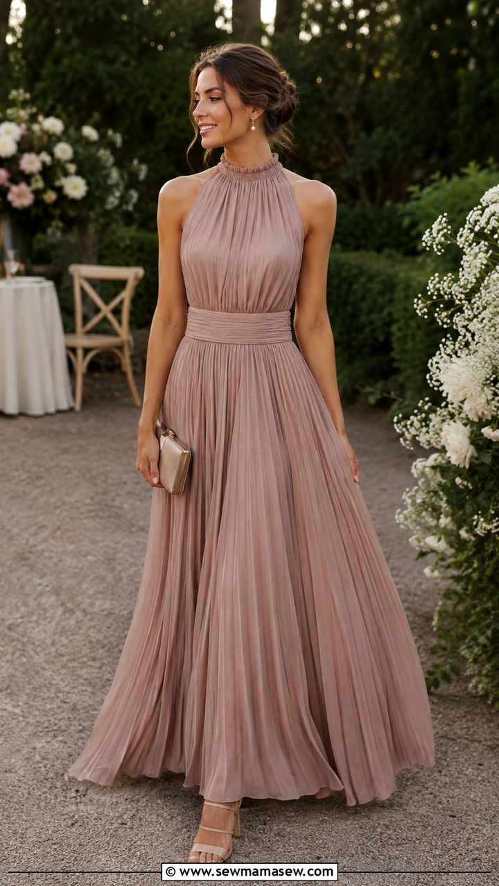 Pleated Maxi Dress With Heeled Sandals - 30 Modest outfit ideas with maxi dress